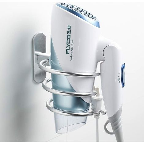 Soporte para secador de pelo sin perforar de acero inoxidable, autoadhesivo, con adhesivo para baño, dormitorio y balcón, color plateado.