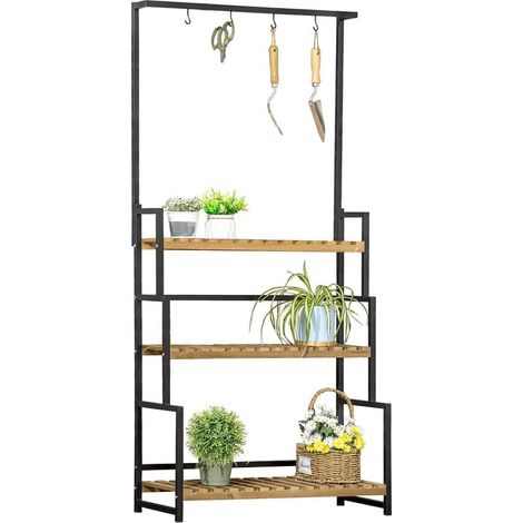 Porte plante suspendue en bois étagère à plantes échelle à fleurs supports de pots porte plante 3 niveaux + barre support avec 4 crochets en métal - 80 x 36 x 174 cm (1/5)