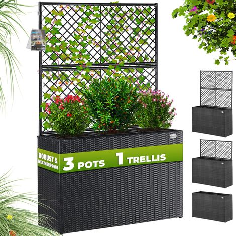 CASARIA Large Rattan Garden Trough Planter Flower Pots Planters With Trellis Raised Bed Growing Climbing Frame Support Black (1/8)