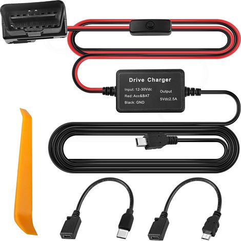 Câble d'alimentation OBD OBD2 pour caméra embarquée Mini USB/Micro USB/Type C 16 broches OBDII Step Down Hardwire Kit de chargeur 12 V 24 V vers 5 V 2 A avec interrupteur bouton convertisseur (1/5)
