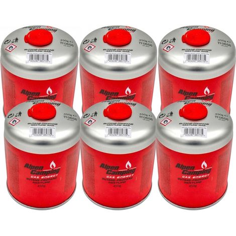 Pack 6 Cartouches de gaz 450g Butane propane Valve 7/16 EN417 Réchaud Brûleur Lampe Grill Alpen Camping (1/5)