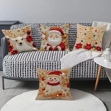 Lot de 4 housses de coussin de Noël, 45 x 45 cm, motif bonhomme de neige, motif vieil homme, taies d'oreiller décoratives pour Noël