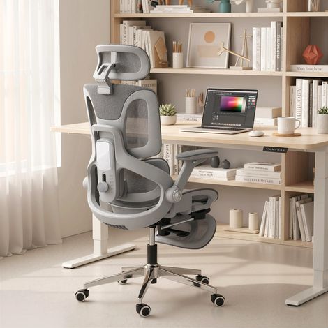 Chaise Bureau Ergonomique avec Accoudoirs 4D Appui-Tête et Profondeur d'Assise Réglables Maille Gris (1/5)