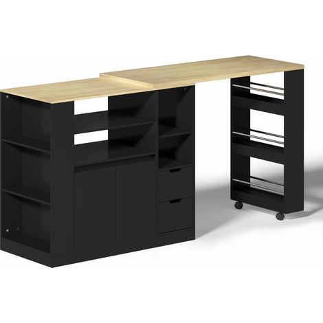 Isla de cocina con encimera extensible, 115 cm, 2 cajones y estantes, negro y natural (1/5)