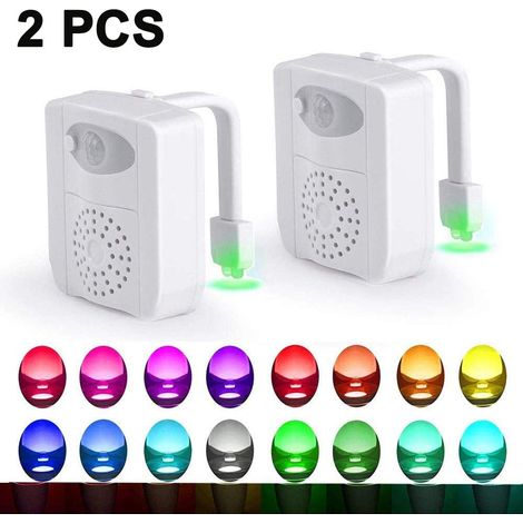 Lot de 2 veilleuses LED pour toilettes, à induction, 16 couleurs, étanches, pour l'intérieur de la cuvette, avec capteur de lumière et fonction aromathérapie, compatibles avec toutes les toilettes. (1/5)