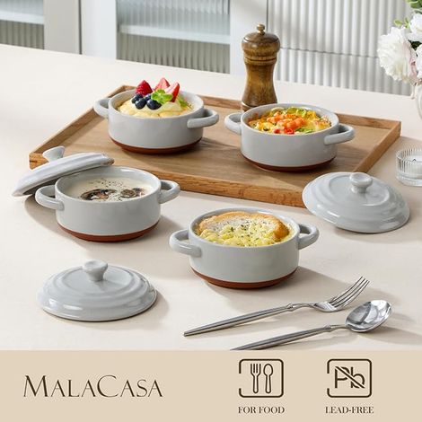 Mini Cocottes avec Couvercles en Porcelaine, Petits Ramequins Individuelles, Plats à Four Rondes avec Poignées pour Soufflé, Crème Brûlée, Gâteau, Lasagnes (1/4)