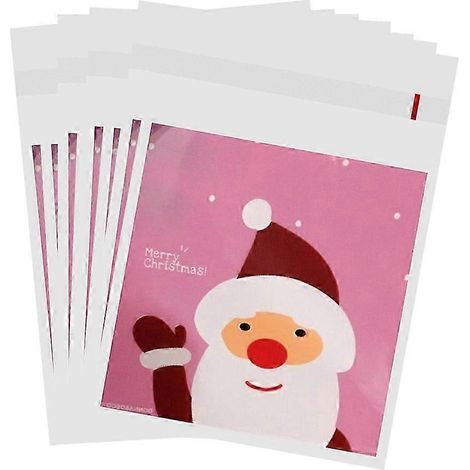 100 sachets refermables de Noël avec motif Père Noël, en plastique OPP et fermeture auto-adhésive. (1/5)