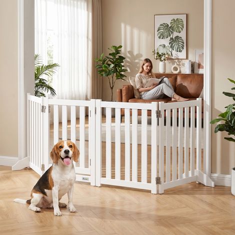 Barrière de Sécurité Chien Pliable Double Face en Bois, 4 Panneaux avec Porte, Pieds de Support, 205 x 60 cm, Blanc (1/5)