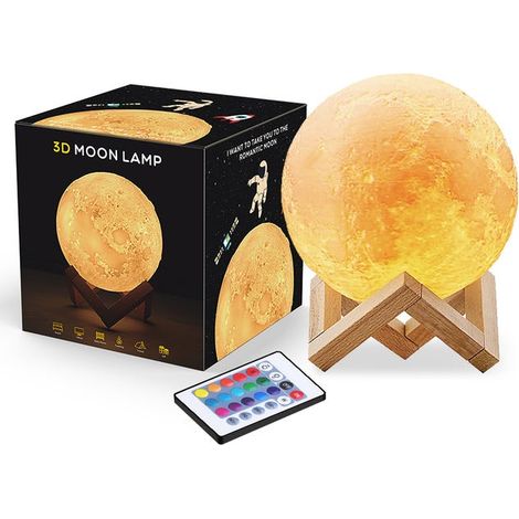 Luna 3D-LED-Lampe, 16 RGB-Farben, Touch- und Fernbedienung, dimmbar, 15 cm großes Nachtlicht mit Holzsockel und USB-Ladegerät im Lieferumfang enthalten