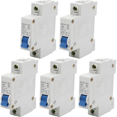 Lot de 5 disjoncteurs miniatures, unipolaires, 16 A, 230/400 V, pour montage sur rail DIN, sectionneur CA résidentiel DZ47-63 C16 (1/5)