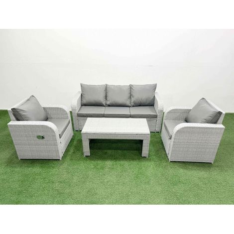 Fimous PE Rattan Garden Furniture Set Reclining Chair Sofa Lounge Sofa Set Rectangular Coffee Table Light Grey (1/4)