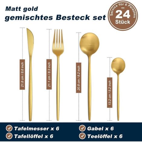 Set couverts de table 6 personnes dorés, ensemble de couverts inox 24 pièces, Comprend des couteaux/fourchettes/cuillères, fi (1/5)