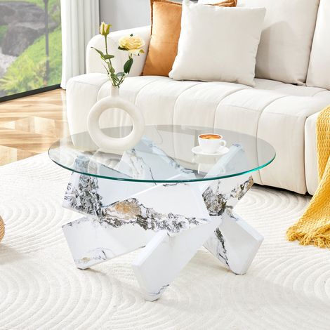 Runder Couchtisch mit Tischplatte aus gehärtetem Glas,79x79x45cm modernes Design aus gemasertem Holz,Beistelltisch fürs Wohnzimmer,kleiner Esstisch,Wohnzimmermöbel,weiß