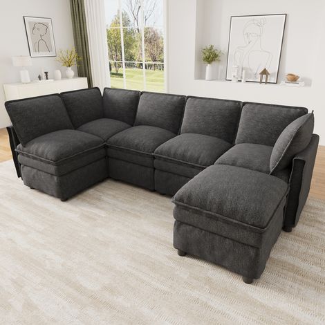 Canapé panoramique d’angle XL 6 places, grand canapé en L modulable en chenille avec méridienne et pouf Gris, 344 x 127 x 91 cm (1/5)