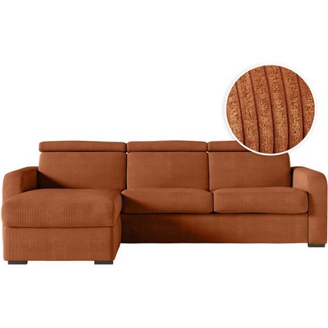 Canapé CAROLE d'angle convertible 4 places couchage quotidien 140x190cm en velours côtelé terracotta (1/5)