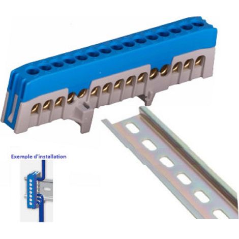 Bornier barrette bleu isolée 63A – 15 trous 15x16 mm² – Raccordement fil cuivre – Montage sur rail din