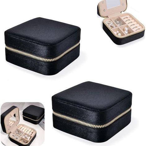 Boîtes à bijoux avec miroir lot de 2 - rangements pour colliers, bracelets et bagues, noires, 11 x 11 x 6 cm (1/5)