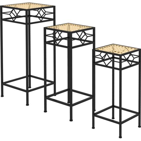 Support à fleurs, lot de 3, rond, empilable, aspect rotin, pieds en métal, usage intérieur et extérieur, noir/doré