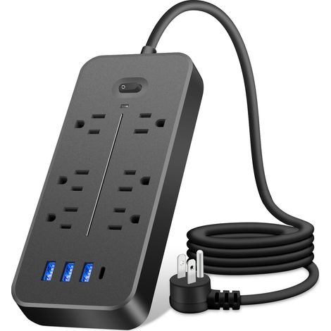 Protecteur de surtension 10-en-1 avec ports USB et cordon 3.9 ft: 6 prises AC, 2 USB, 1 Type-C, protection multifonction et shell ignifuge (1/5)