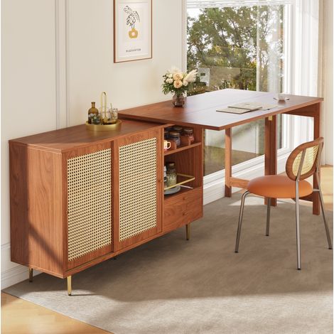 Table bar pivotante 107x40x71.4 cm marron en MDF avec rangements, portes effet rotin et design extensible (1/5)