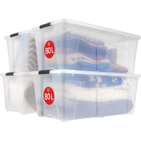Iris Ohyama Scatole Portaoggetti in Plastica con Coperchio, 45L, Lotto di 4, Trasparente, Con Chiusura a Clip, Empilabile, Solido, Per Armadio, Garage, Casa, Ufficio, Organizzatore, TB-84D (1/5)