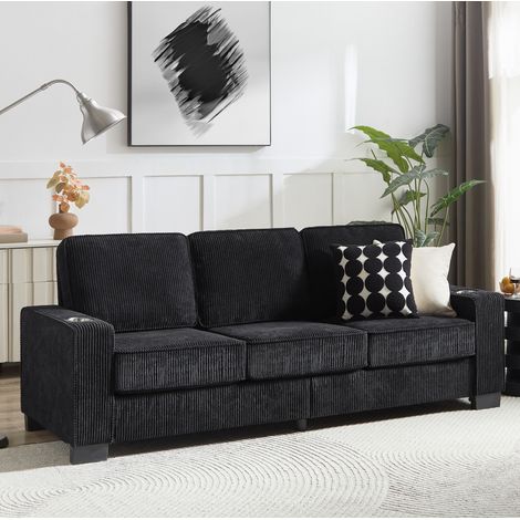 Divano a 3 posti con portabicchieri integrati, ampi braccioli, tessuto a coste, design moderno per soggiorno - nero (1/5)