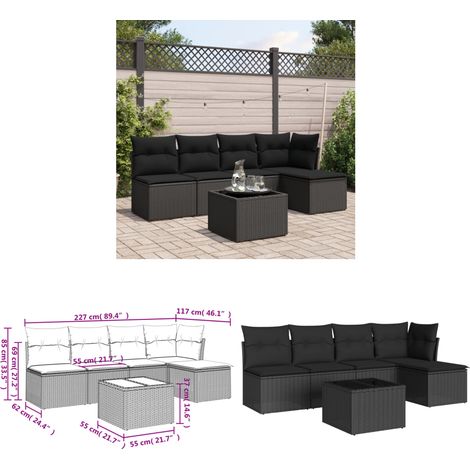 6-tlg. Garten-Sofagarnitur mit Kissen Schwarz Poly Rattan - Gartenmöbel Set - PE-Rattan Möbel - Outdoor Sofa - Esstisch Set - Lounge Garnitur - Home & Living