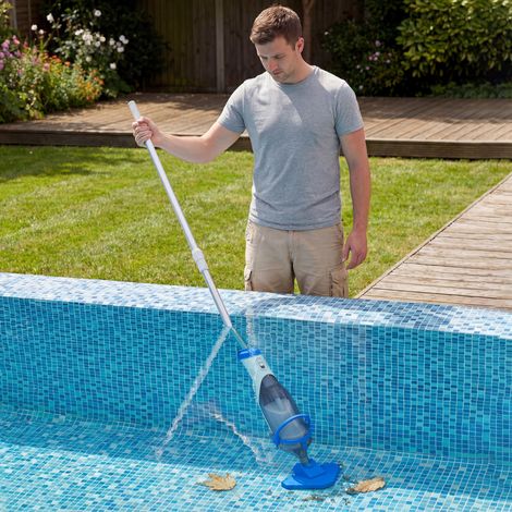 Aspiradora inalámbrica para piscinas, limpiador de piscinas a batería, autonomía de 60 minutos, mango telescópico, color azul.