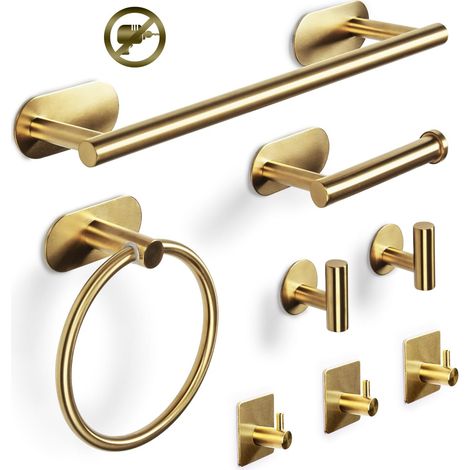 Ensemble 8 Pièces Accessoire Salle De Bain, Acier Inoxydable 304, Or, Support Serviette Et Crochet, Pour Douche Et Toilettes