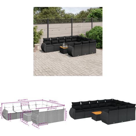 11-tlg. Garten-Sofagarnitur mit Kissen Schwarz Poly Rattan - Gartensorte - Gartenmöbelset - Esstischgarnitur - Lounge Möbel - Outdoor Furniture - Home & Living (1/3)