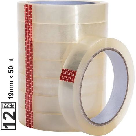 TRADE SHOP - Set 12 Pz Rotolo Nastro Adesivo Trasparente 19mm X 50mt Per Ufficio Silenzioso -