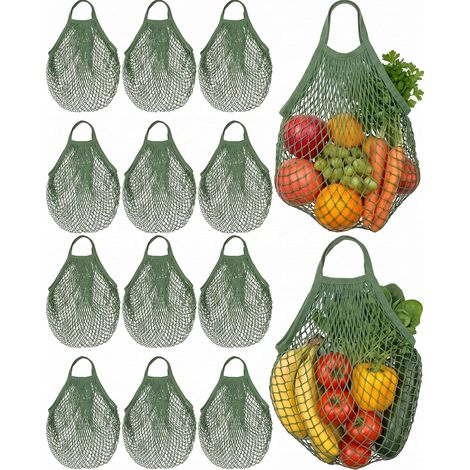 Eccliy 12 Stück wiederverwendbare Baumwoll-Netz-Einkaufstaschen, waschbare Netztaschen, Einkaufsnetze für den Bauernmarkt, Strand-Organizer, ästhetische Tragetaschen mit Griffen für Obst und Gemüse (G (1/5)
