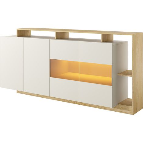 Vente-Unique – Buffet 4 portes et 4 niches avec leds – Beige et naturel clair – Panneau de particule et verre trempé – Dimensions 200x92.8x43.6 cm