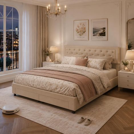 Lit coffre 160x200 cm – tête de lit rivetée velours beige – tiroirs de rangement – LED (1/5)