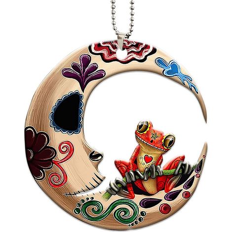 Lot de 3 décorations de Noël en acrylique représentant une grenouille sur la lune, à suspendre au sapin ou à la voiture. Idéal pour les fêtes. (1/5)