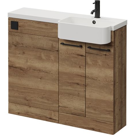 Napoli 250 Tobacco Oak 1000mm 2 Door Vanity Unit Toilet Suite with Right Hand Round Rico Semi Recessed Basin - 1000mm - Matt Black 160mm HandleWithout Kingston Toilet Pan