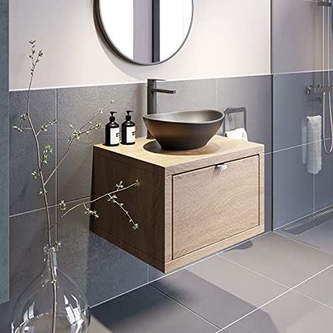 Bathroom Oak Wall Hung Vanity Unit and Basin Sink Cabinet Storage 600mm with 405mm Oval Black Basin