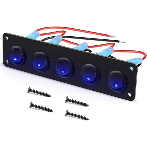 Interrupteur à bascule bleu, panneau rond 5 gangs pour tableau de bord, contacteur rocker avec plaque, kit de 5 interrupteurs, style toggle, couleur azur, usage automobile, montage facile, sans fil, d (1/5)