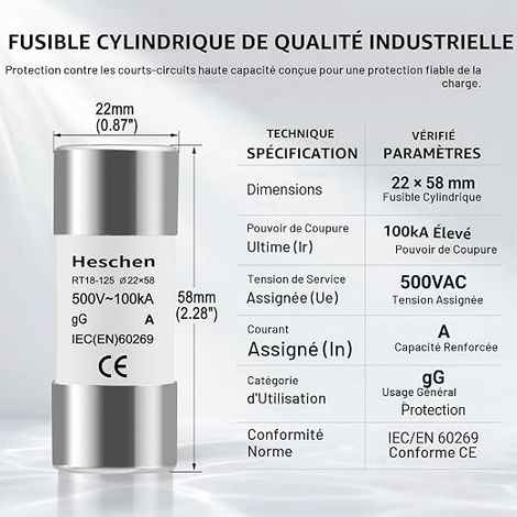 Ceramic Cylindrical Tube Fuse Link, RT18-125(RO17), 22 58mm, 63A 500VAC, Type gG (1/4)