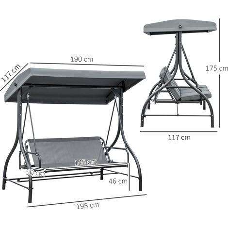 Balancelle Hollywood 2-en-1 Outsuuny avec fonction inclinable, balancelle de jardin 3 places avec pare-soleil réglable, supportant jusqu'à 240 kg, chaise longue pour jardin ou terrasse, 195 x 117 x 17 (1/5)