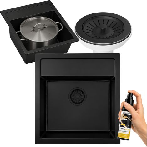 Évier de cuisine 1 bac en composite granit noir 50 x 51 cm – à encastrer, siphon gain de place et produit d'entretien inclus KERANO 50 (1/5)