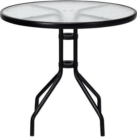 COSTWAY Mesa de Jardín Redondo φ70cm, Tablero de Vidrio Templado y Patas de Metal Resistentes, Orificio para Sombrillaφ4cm, Mesa Auxiliar Balcon Terraza Jardin Exterior (1/5)