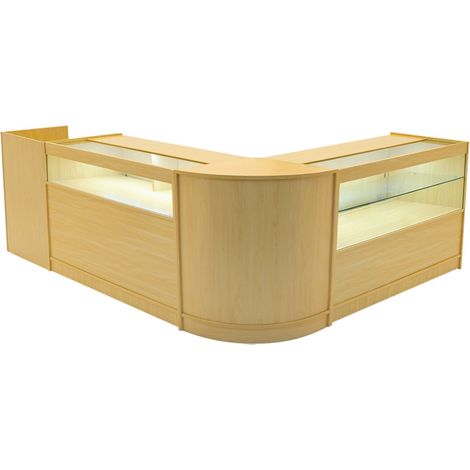 Set Mostradores Comerciales "GRAVITY"   Arce CM60 + B1200 + C1200 + TB60 MDF y vidrio templado  Estantes y puertas corredizas con cerradura  Fácil Montaje  Mostrador Recepción Expositor Comercial Mesa
