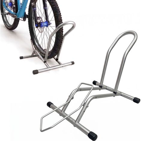 Soporte bici Relaxdays, 16–29 pulgadas, ancho máx. 10,5 cm, rueda delantera/trasera, suelo, 1 bici, plateado