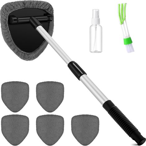 Ensemble de nettoyage de vitres de voiture en 8 pièces avec manche extensible, chiffons en microfibre, brosse et flacon pulvérisateur vide pour essuie-glaces de voiture, SUV, camping-cars et fenêtres