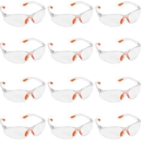 Lot de 12 lunettes de sécurité transparentes – Lunettes de sécurité avec verres en plastique, pont et branches en caoutchouc pour plus de confort – Lunettes EPI transparentes