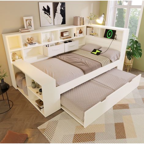 Lit gigogne enfant 90x190 cm en bois blanc, rangements et USB, gain de place, sans matelas – MEUBLIV