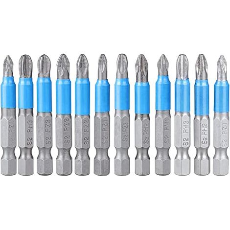 12 pièces embouts tournevis Phillips, 50mm embouts magnétiques cruciformes avec queue hexagonale 1/4", acier S2 PZ1 PZ2 PZ3 PH1 PH2 PH3, kit de forets