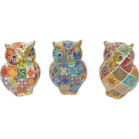 Figuras de búho de resina mosaico multicolor y dorado 9 cm (1/2)
