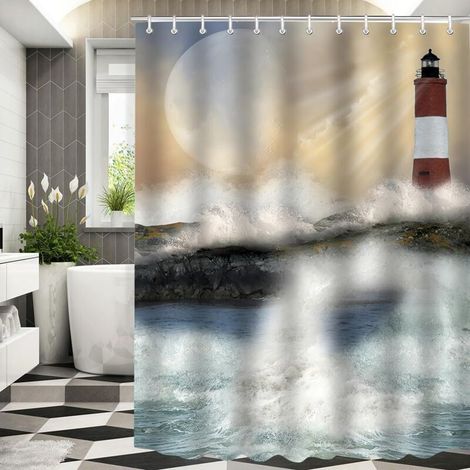 Cortina de ducha (180 x 180 cm) con motivo de faro, dobladillo con peso – material resistente al moho – impermeable – lavable – poliéster – Crezuo (1/4)